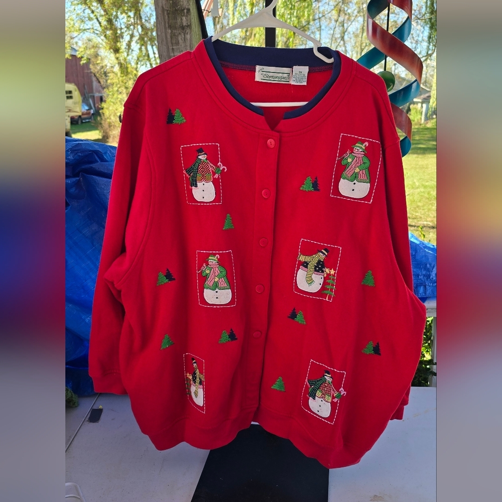 Extra Shenanigans Festive Red Snowman Button Down Sweatshirt